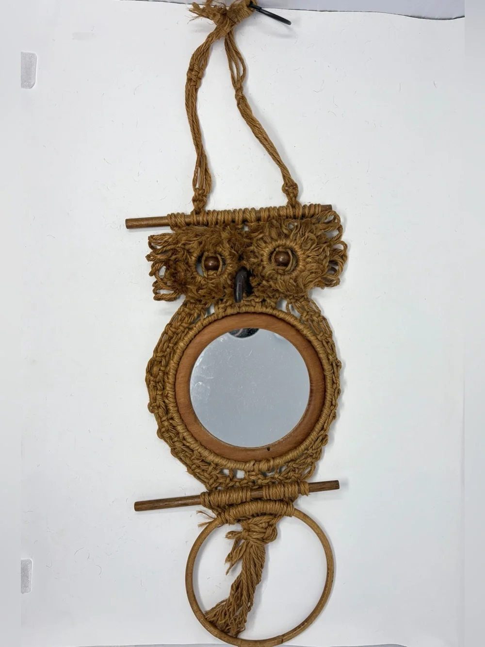 Vintage Macrame Owl Mirror Towel Holder Boho Wall Hanging Cottagecore 30”